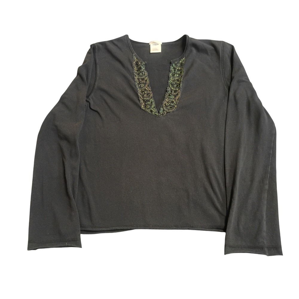 Old Navy Beaded Lace Split Neck Top Womens L Black Y2K Whimsigoth Stretch